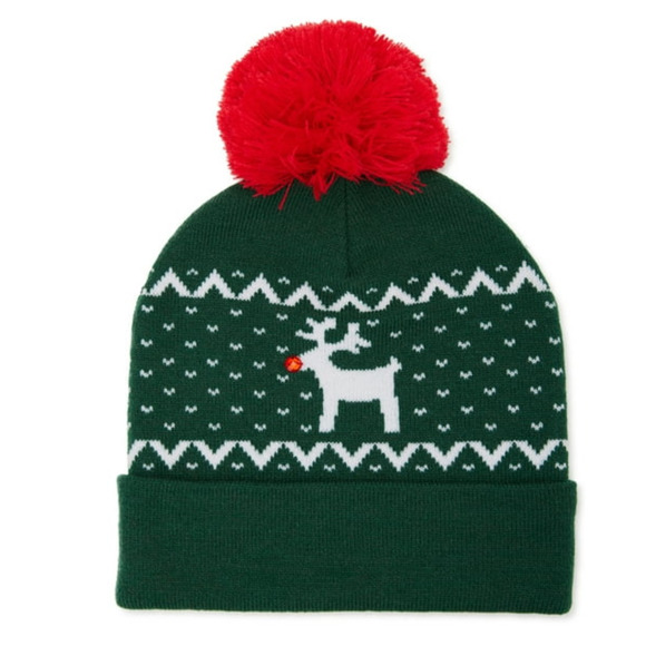 Holiday Time Women's Fair Isle Reindeer Pom Pom Beanie Hat Green NWT - Picture 1 of 3